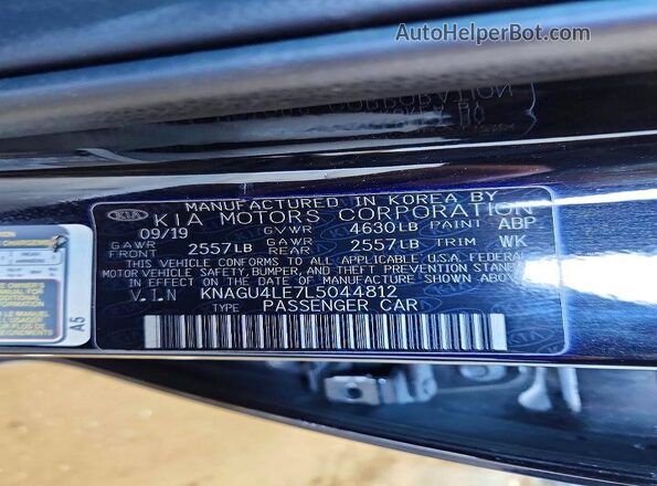 KNAGU4LE7L5044812 2020 KIA OPTIMA Black Вид наклейки з VIN-кодом