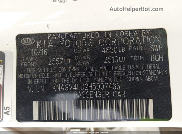 KNAGV4LD2H5007436 2017 KIA OPTIMA PLUG-IN HYBRID White ძრავის განყოფილების ხედი