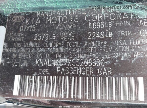 KNALN4D7XG5206630 2016 KIA CADENZA Black Вид підкапотного простору