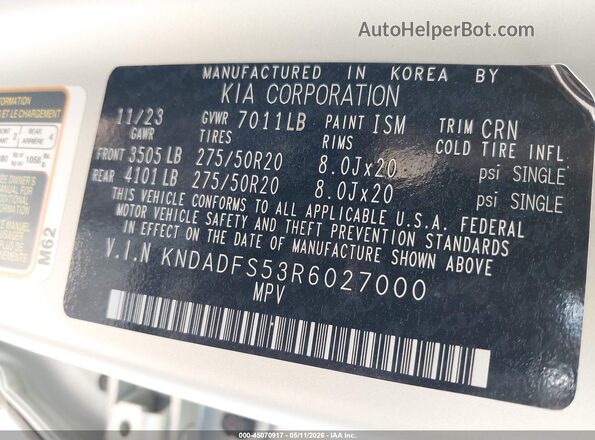 KNDADFS53R6027000 2024 KIA EV9 White Շարժիչի բաժամունքի տեսք
