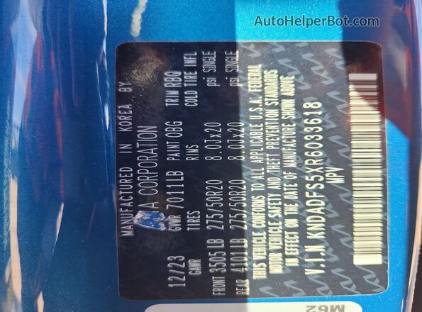 KNDADFS5XR6033618 2024 KIA EV9 Blue Vista de la etiqueta del VIN