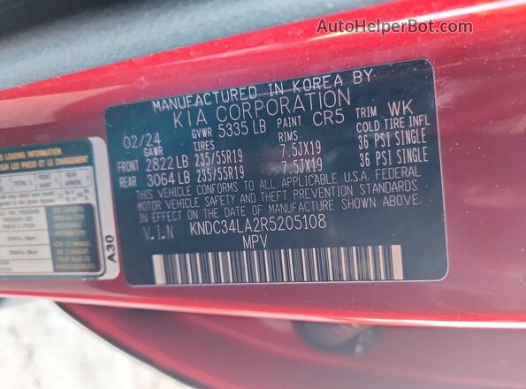 KNDC34LA2R5205108 2024 KIA EV6 Red Widok naklejki z numerem VIN
