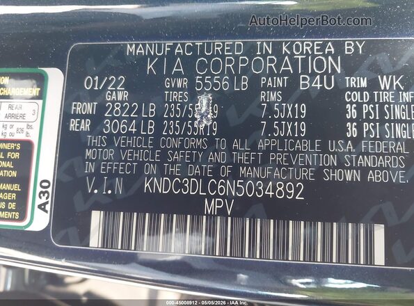 KNDC3DLC6N5034892 2022 KIA EV6 Black 