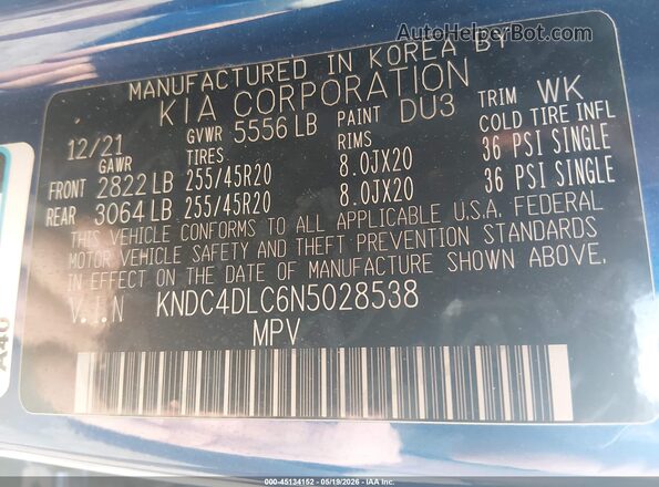 KNDC4DLC6N5028538 2022 KIA EV6 Blue Widok komory silnika