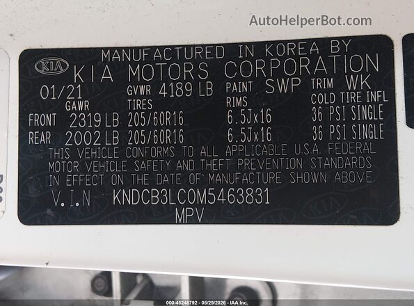 KNDCB3LC0M5463831 2021 KIA NIRO White 
