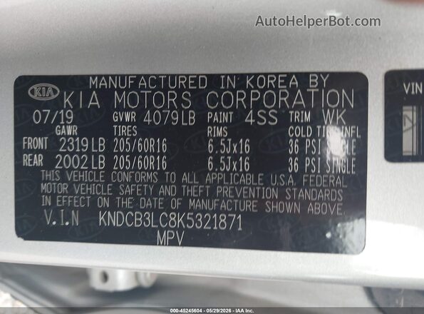 KNDCB3LC8K5321871 2019 KIA NIRO Silver Widok komory silnika