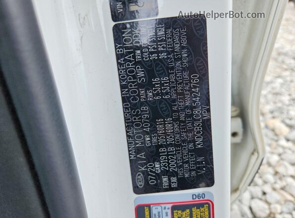 KNDCB3LC8L5424760 2020 KIA NIRO White Vista de la etiqueta del VIN