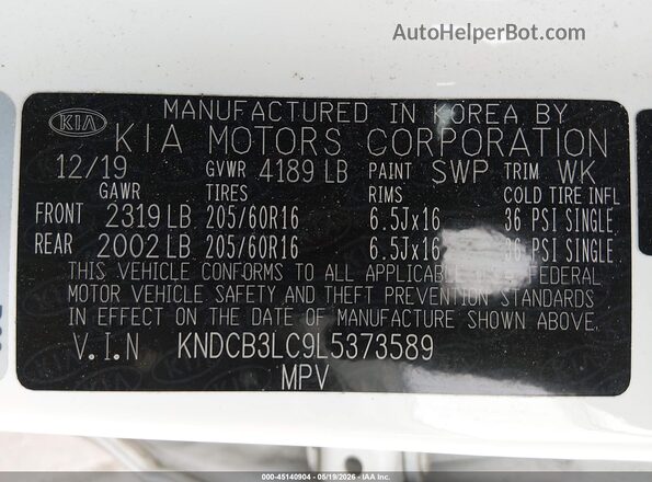 KNDCB3LC9L5373589 2020 KIA NIRO White ძრავის განყოფილების ხედი