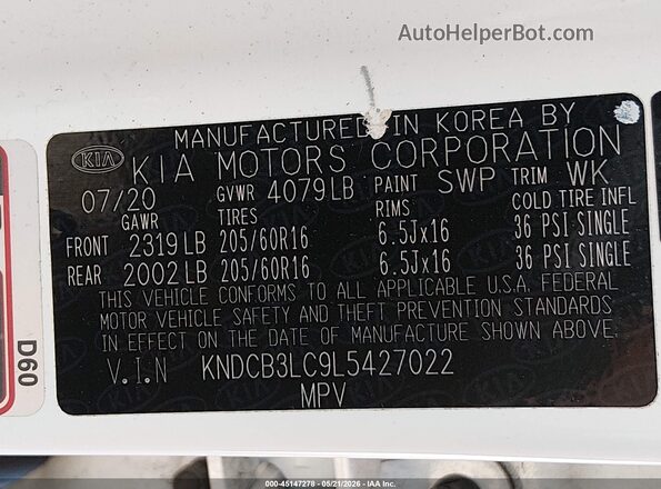 KNDCB3LC9L5427022 2020 KIA NIRO White ძრავის განყოფილების ხედი