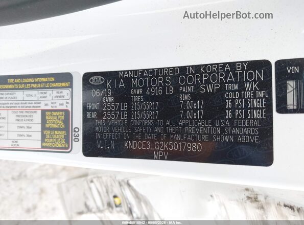 KNDCE3LG2K5017980 2019 KIA NIRO EV White 