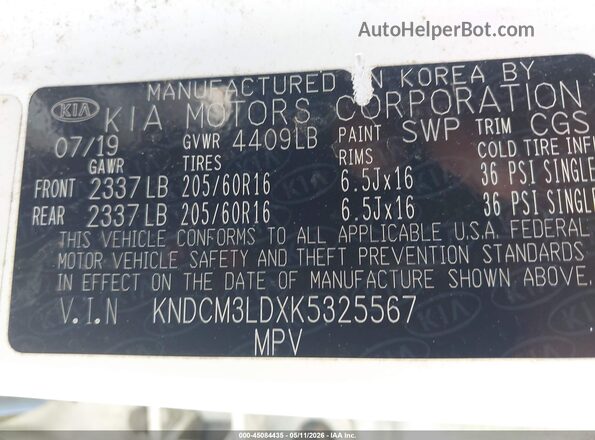KNDCM3LDXK5325567 2019 KIA NIRO PLUG-IN HYBRID White 