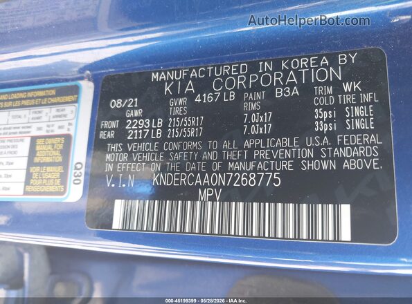 KNDERCAA0N7268775 2022 KIA SELTOS Blue Շարժիչի բաժամունքի տեսք