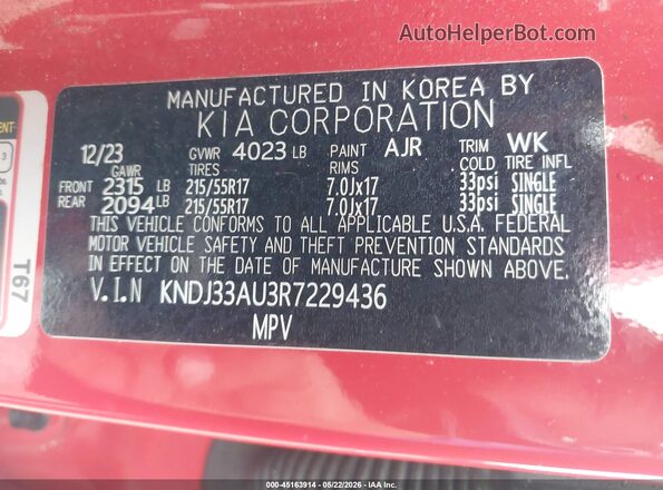 KNDJ33AU3R7229436 2024 KIA SOUL Red ძრავის განყოფილების ხედი