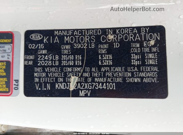 KNDJN2A2XG7344101 2016 KIA SOUL White ძრავის განყოფილების ხედი