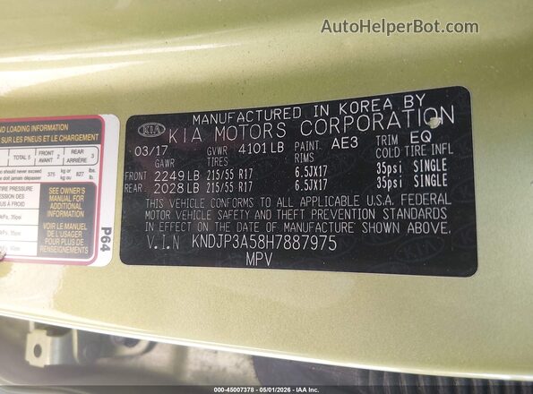 KNDJP3A58H7887975 2017 KIA SOUL Green Widok tylnych siedzeń