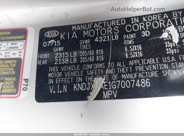 KNDJX3AE1G7007486 2016 KIA SOUL EV Gray Vista del compartimento del motor