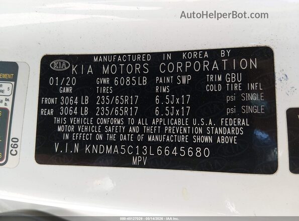 KNDMA5C13L6645680 2020 KIA SEDONA White Vista del compartimento del motor