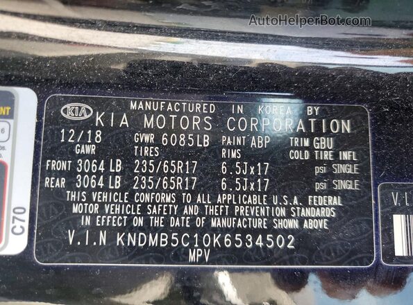 KNDMB5C10K6534502 2019 KIA SEDONA Black Widok naklejki z numerem VIN