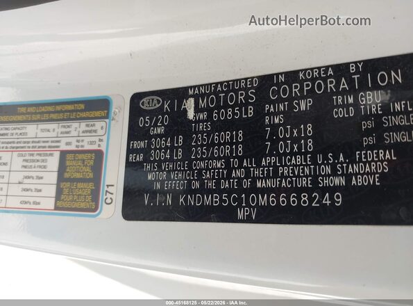KNDMB5C10M6668249 2021 KIA SEDONA White ძრავის განყოფილების ხედი