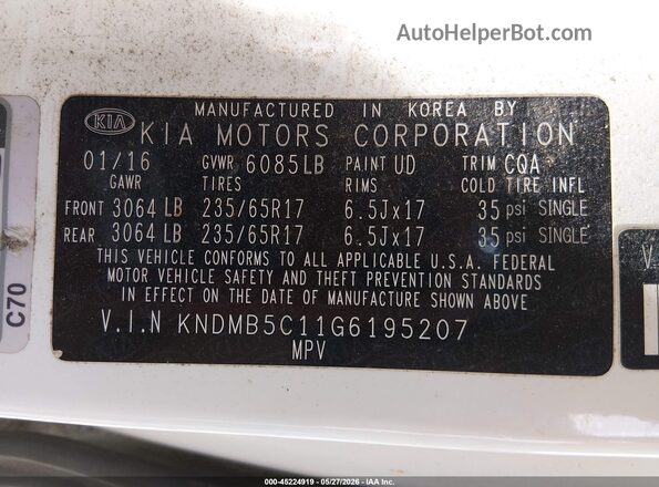 KNDMB5C11G6195207 2016 KIA SEDONA White Engine compartment view