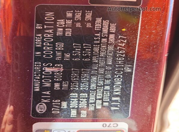 KNDMB5C11H6267427 2017 KIA SEDONA Burgundy VIN կոդի պիտակի տեսք