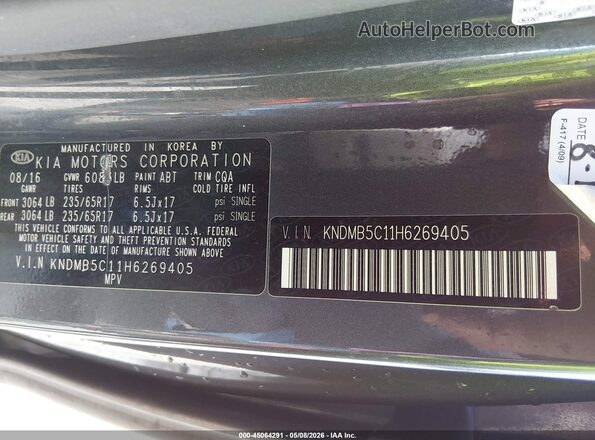 KNDMB5C11H6269405 2017 KIA SEDONA Gray 