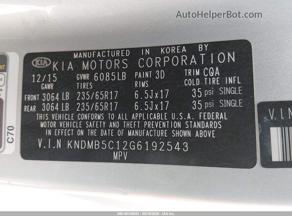 KNDMB5C12G6192543 2016 KIA SEDONA Silver Widok komory silnika