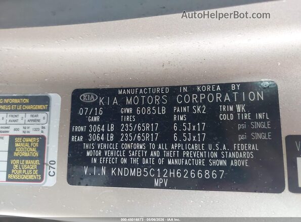 KNDMB5C12H6266867 2017 KIA SEDONA Золотой Вид подкапотного пространства