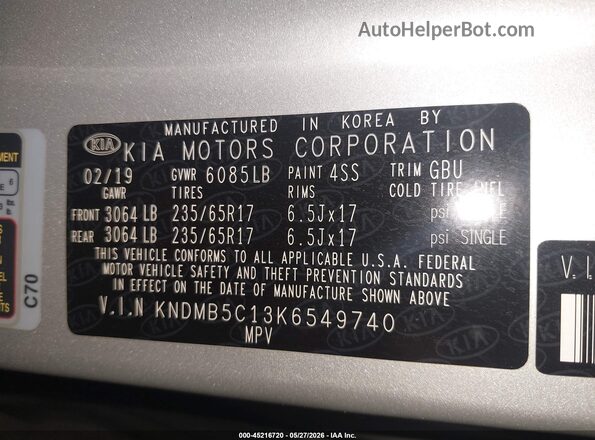 KNDMB5C13K6549740 2019 KIA SEDONA White Շարժիչի բաժամունքի տեսք