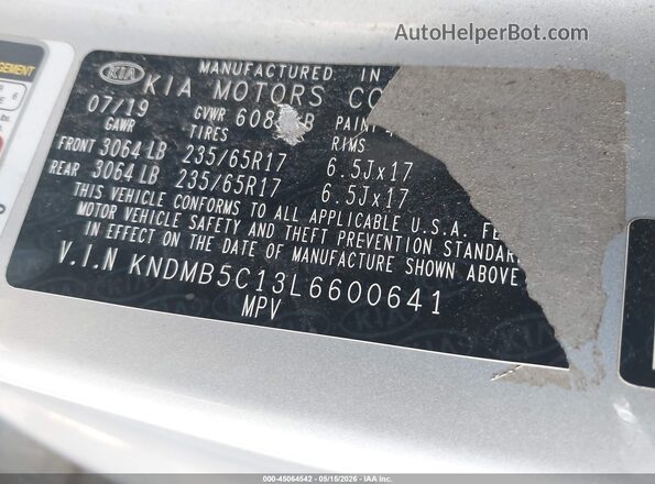 KNDMB5C13L6600641 2020 KIA SEDONA Silver Vista del compartimento del motor