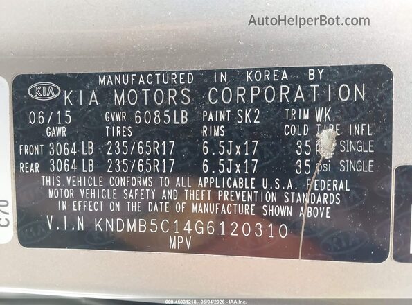 KNDMB5C14G6120310 2016 KIA SEDONA Cream ძრავის განყოფილების ხედი