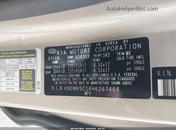 KNDMB5C14H6267468 2017 KIA SEDONA Beige ძრავის განყოფილების ხედი