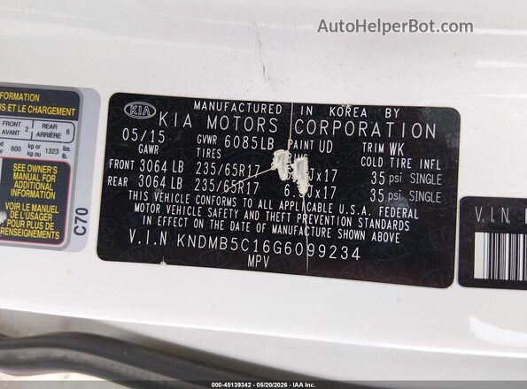 KNDMB5C16G6099234 2016 KIA SEDONA Белый Вид подкапотного пространства
