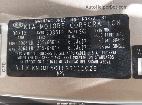 KNDMB5C16G6111026 2016 KIA SEDONA Gold Widok komory silnika