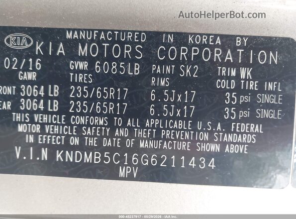 KNDMB5C16G6211434 2016 KIA SEDONA Tan Engine compartment view