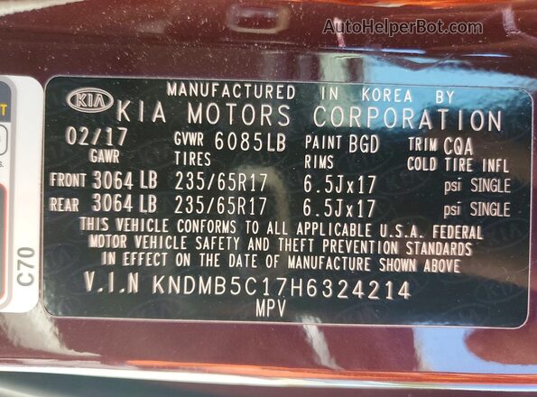 KNDMB5C17H6324214 2017 KIA SEDONA Burgundy 