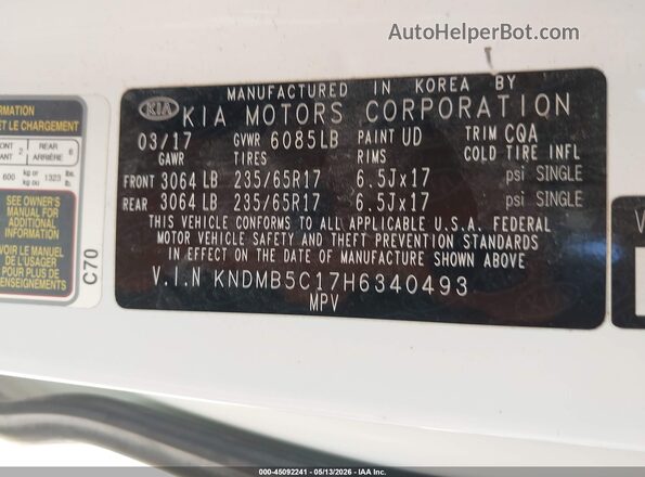 KNDMB5C17H6340493 2017 KIA SEDONA White ძრავის განყოფილების ხედი