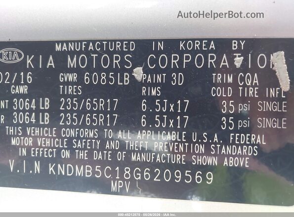 KNDMB5C18G6209569 2016 KIA SEDONA Silver 