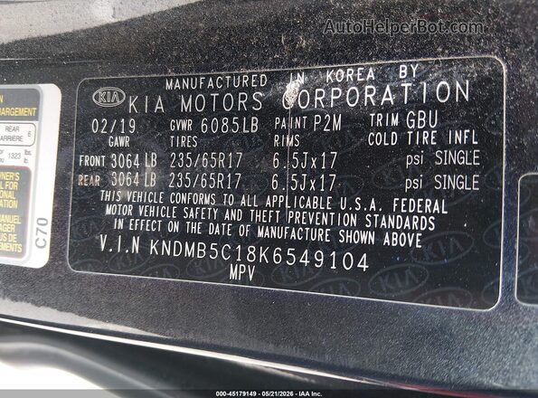 KNDMB5C18K6549104 2019 KIA SEDONA Gray Widok komory silnika