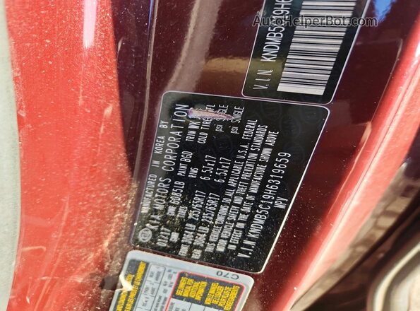 KNDMB5C19H6319659 2017 KIA SEDONA Burgundy VIN კოდის სტიკერის ხედი