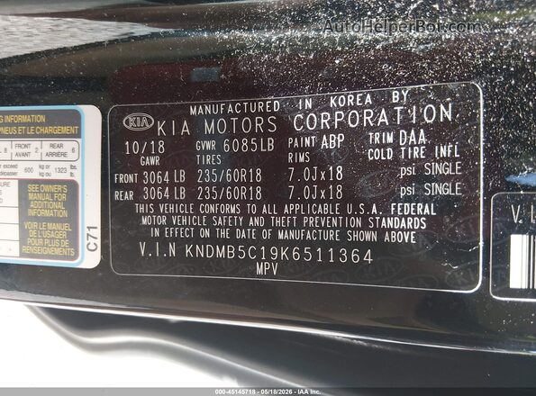 KNDMB5C19K6511364 2019 KIA SEDONA Black Вид підкапотного простору