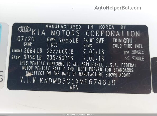 KNDMB5C1XM6674639 2021 KIA SEDONA White Vista del compartimento del motor