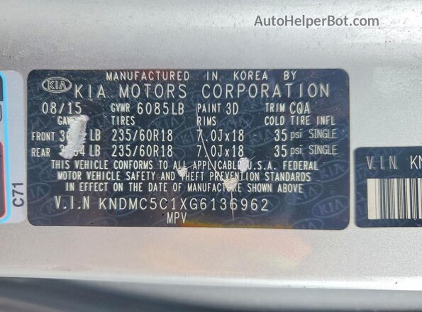 KNDMC5C1XG6136962 2016 KIA SEDONA Silver VIN sticker view