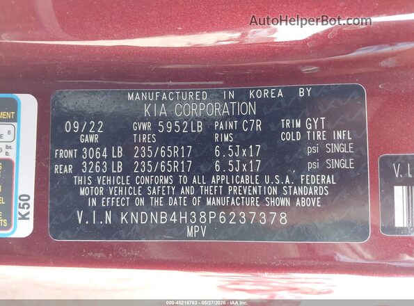 KNDNB4H38P6237378 2023 KIA CARNIVAL MPV Red Вид підкапотного простору