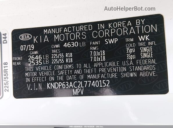 KNDP63AC2L7740152 2020 KIA SPORTAGE White 