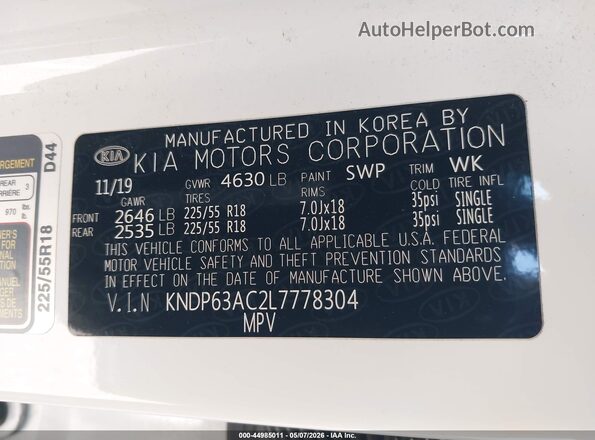 KNDP63AC2L7778304 2020 KIA SPORTAGE White Engine compartment view