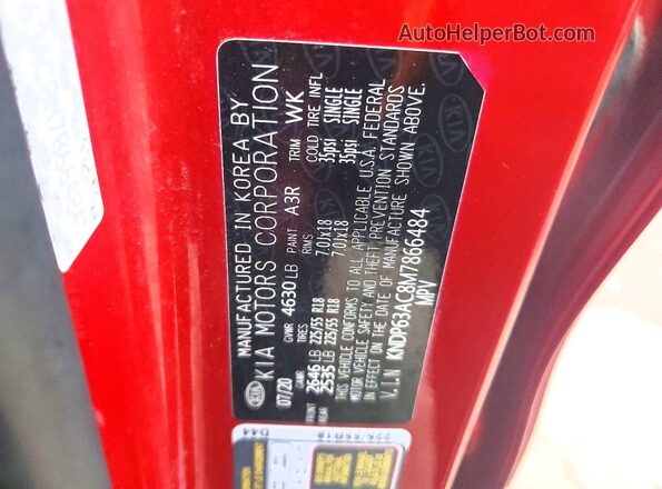 KNDP63AC8M7866484 2021 KIA SPORTAGE Red Вид наклейки з VIN-кодом