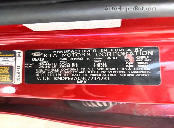 KNDP63AC9L7714731 2020 KIA SPORTAGE Maroon Widok naklejki z numerem VIN
