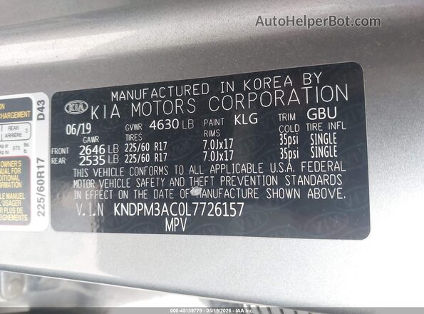 KNDPM3AC0L7726157 2020 KIA SPORTAGE Gray Вид підкапотного простору