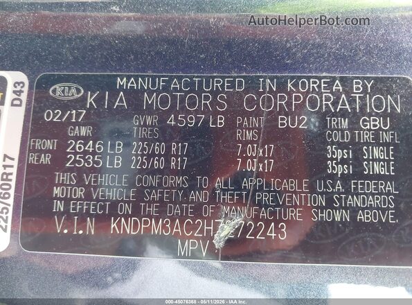 KNDPM3AC2H7272243 2017 KIA SPORTAGE Blue Vista del compartimento del motor